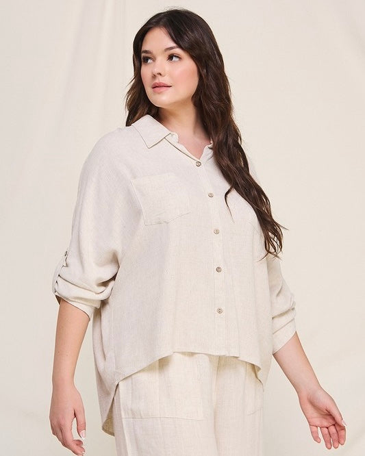 Natural Cream Plus Size Dolman Button Front 3/4 Sleeve Top