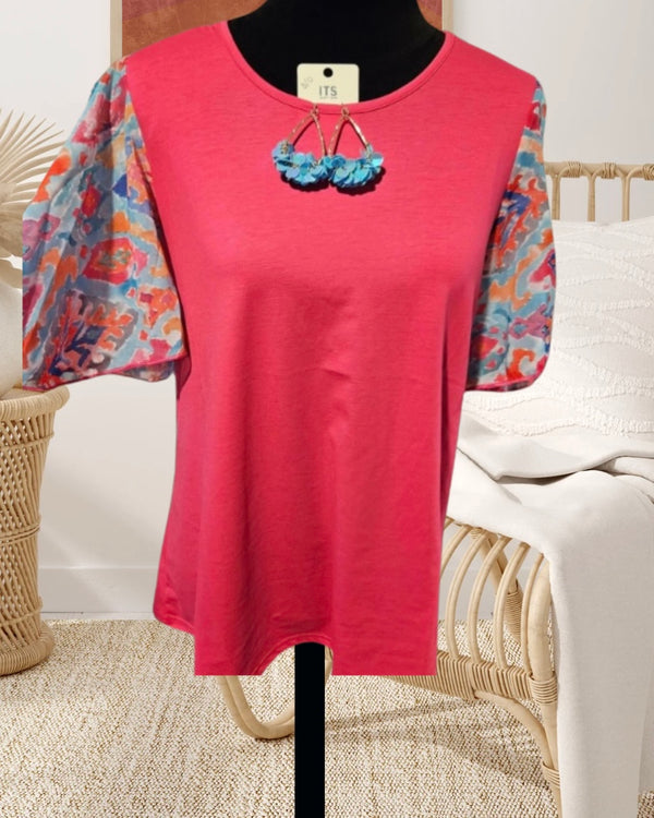 Solid Pink w/Floral Light Flutter Flare Short Sleeves Top