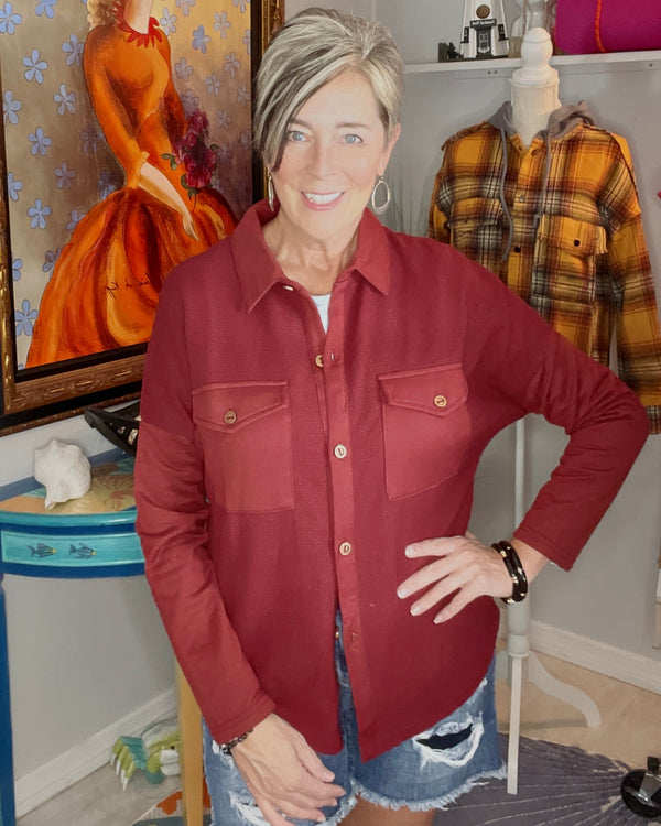 Maroon/Burgandy Wine Button Down Front Pocket Shacket Top