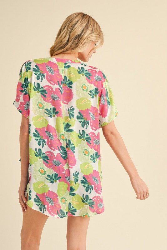 Bright White, Pink & Green Tropical Floral Short Cap Sleeve Top