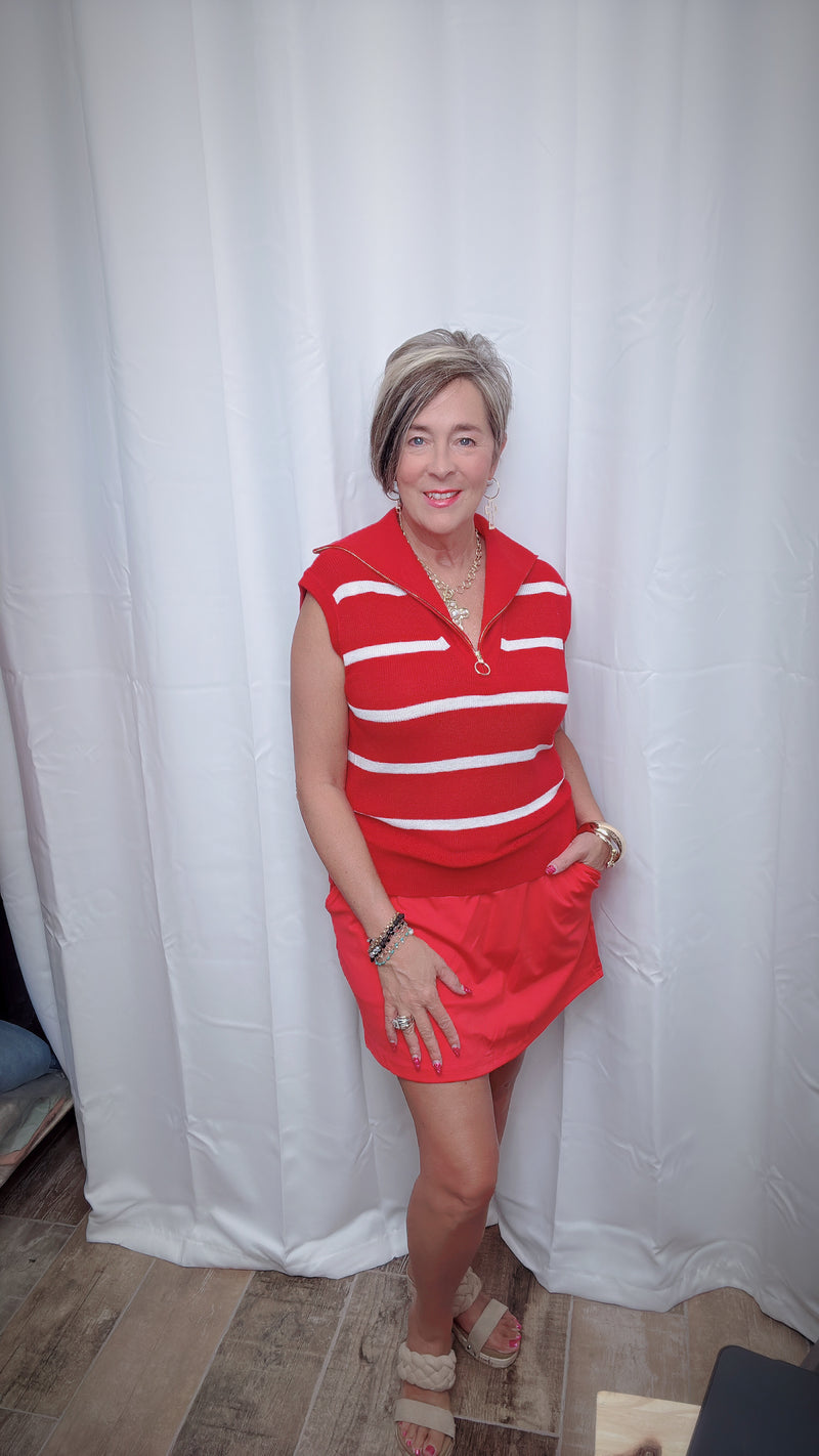 Red w/White Stripe Serving Looks Quarter Zip Sleeves Sweater Vest Top