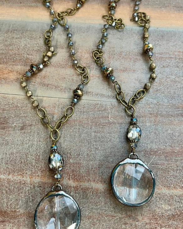 Vintage Style Neutral Gray Bead Necklace w/Gun Metal Line Chain & Crystal Drop Pendant