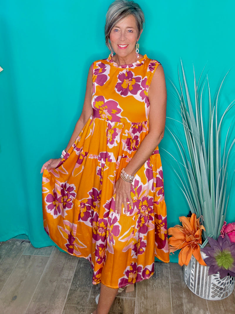 Orange & Purple Flower Print Cap Sleeve Ruffle Neck Midi Dress