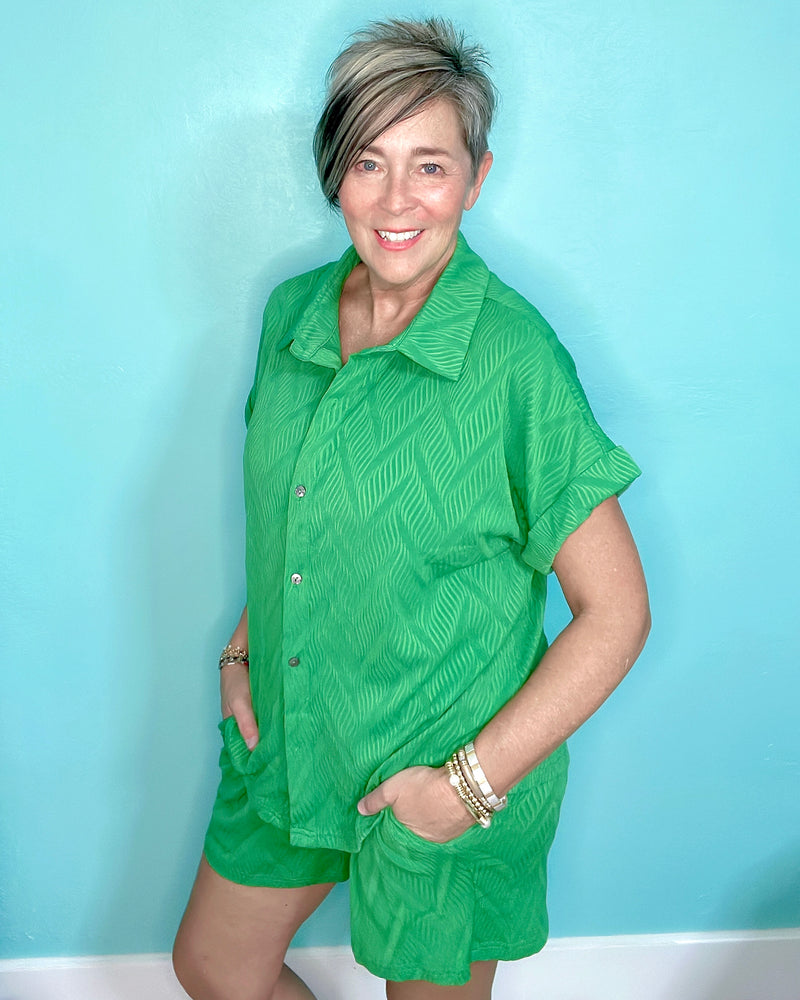 2 pc Bright Green Textured Button Down Top and Short Set