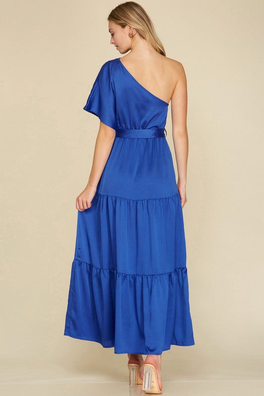 Solid Blue One Shoulder Tiered Self Tie Formal Evening Maxi Dress