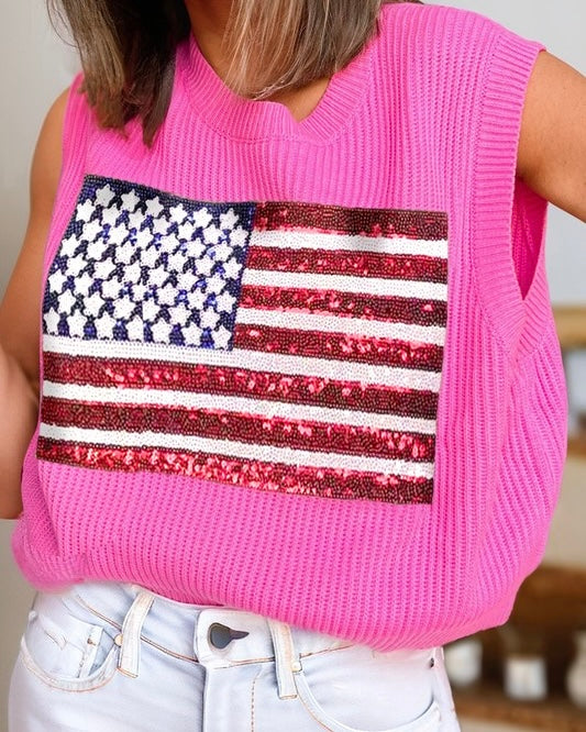 Pink Sweater Knit USA RWB Sequin Flag Cap Sleeveless Top