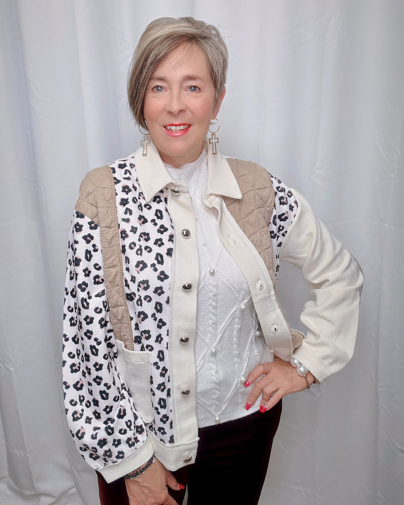 Cream Waffle & Brown Leopard Quilted Patchwork ColorBlock Button Front Jacket