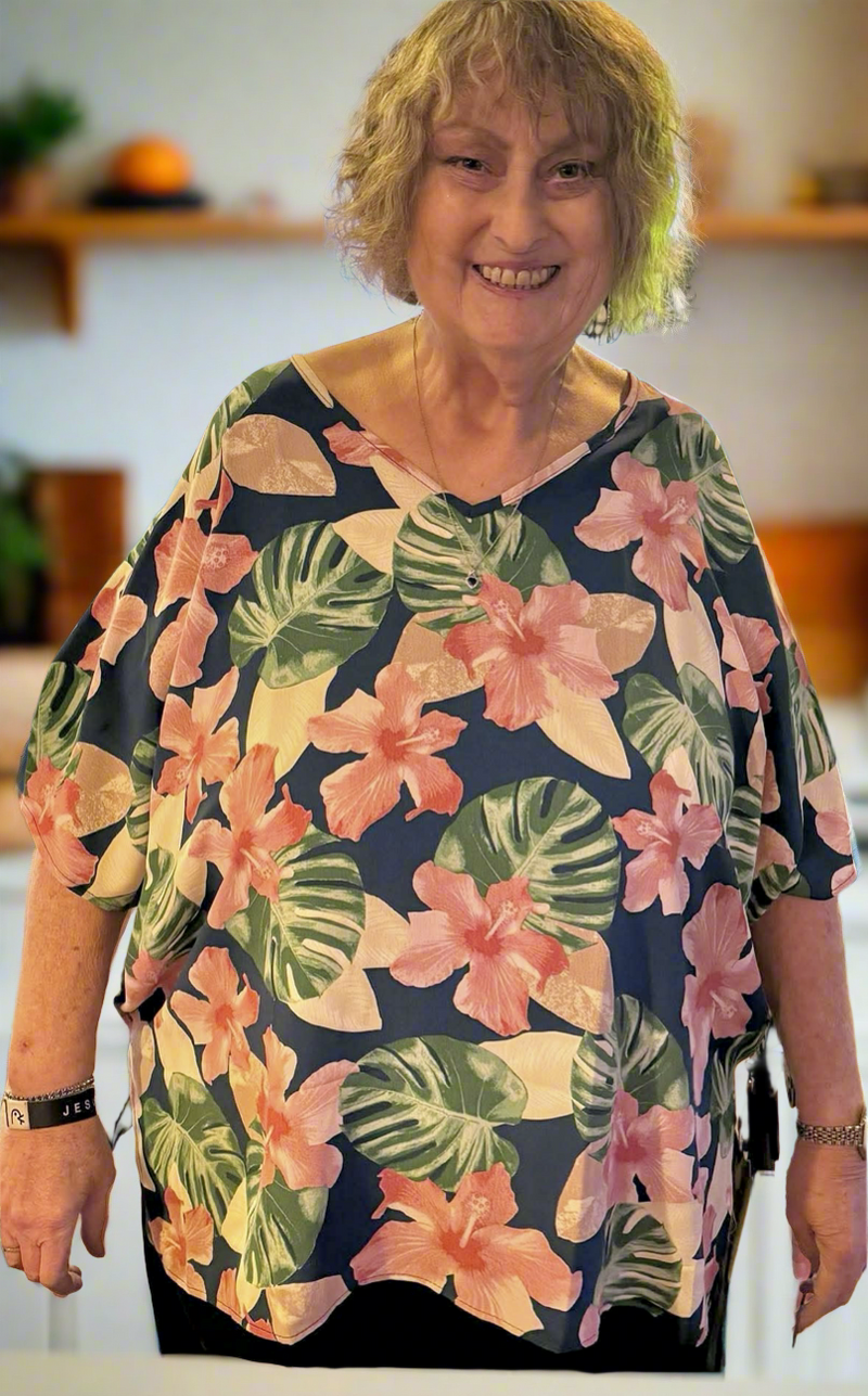 Blue Tropical Boxy Blouse with Large Pink and Green Floral Prints
