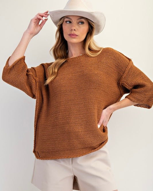Brown Half 3/4 Sleeve Knitted Boxy Round Neck Sweater