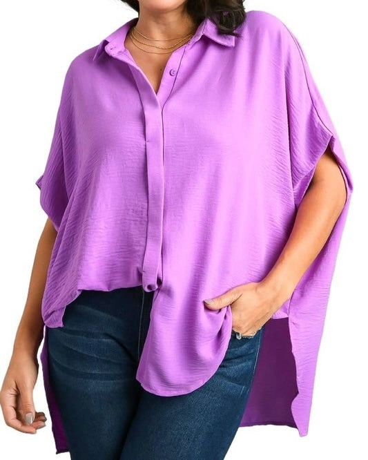 Pumpkin, Black, Pink, Red, Teal or Purple Flowy Boxy Short Sleeve Button Front Blouse