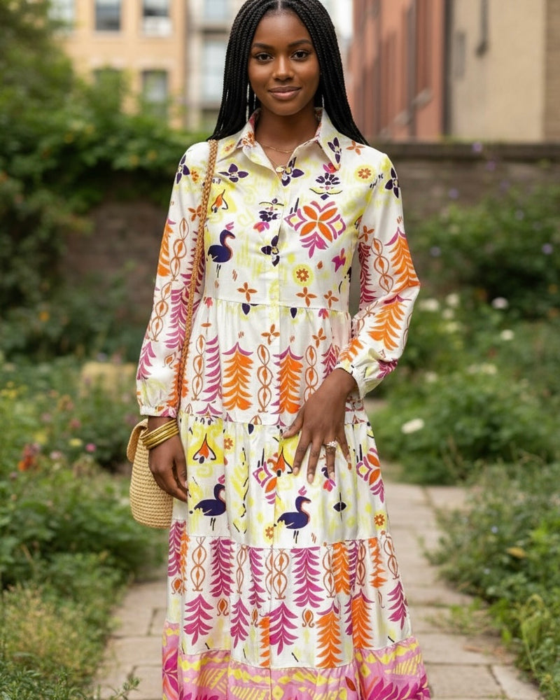 Off White Mix Graphic Print Long Sleeve Collared Button Neck Midi Dress