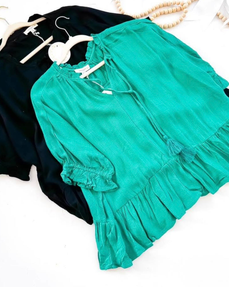 Plus Size Solid Black or Solid Green Linen Blend Self Tie Open Neck 3/4 Ruffle Sleeve Ruffle Hem Top