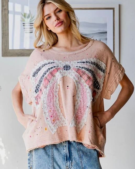 Boho Peach Plaid Lace Bow Patch Short Sleeve Oversize Top