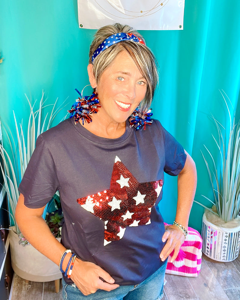 RWB Blue T-shirt with Sparkle Patriotic Sequin Red and White Star Top