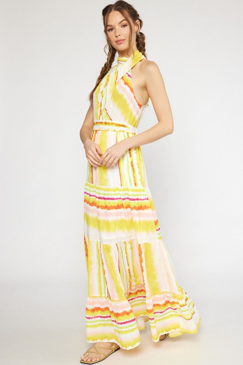 Yellow White Stripe with Red Halter Neck Maxi Sundress