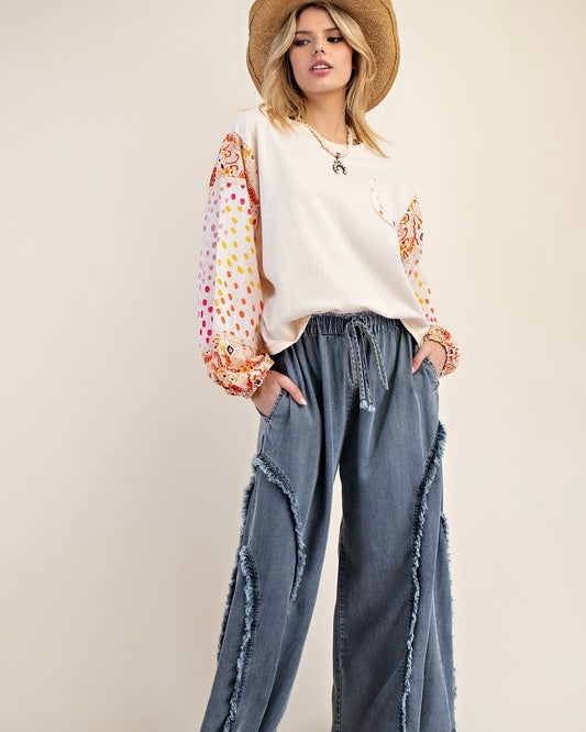 Cream, Peach or Yellow Cotton Outside Stitch Dot/Floral Jersey Top w/Mix Print Puff Long Sleeve
