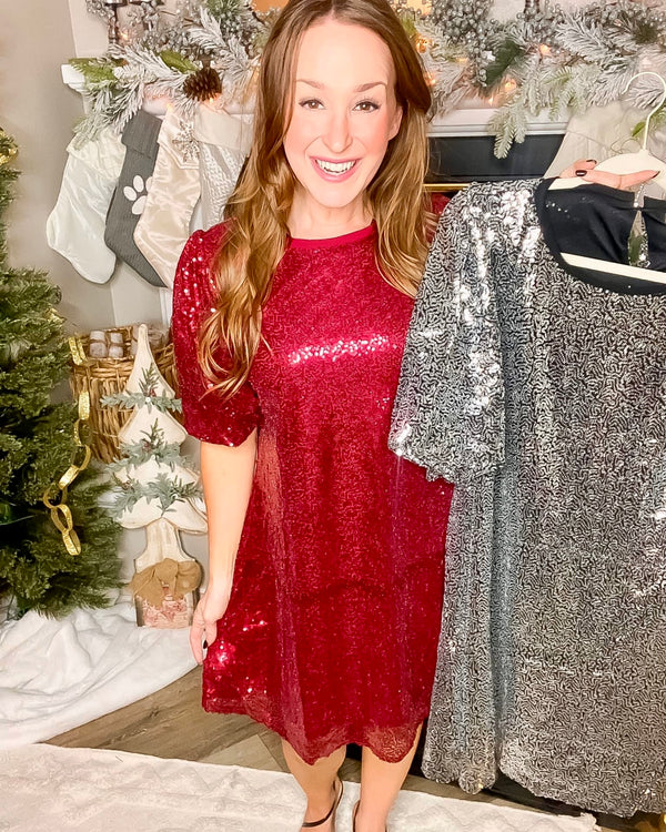 Red or Silver Sequin Short Sleeve Party Festive Dress