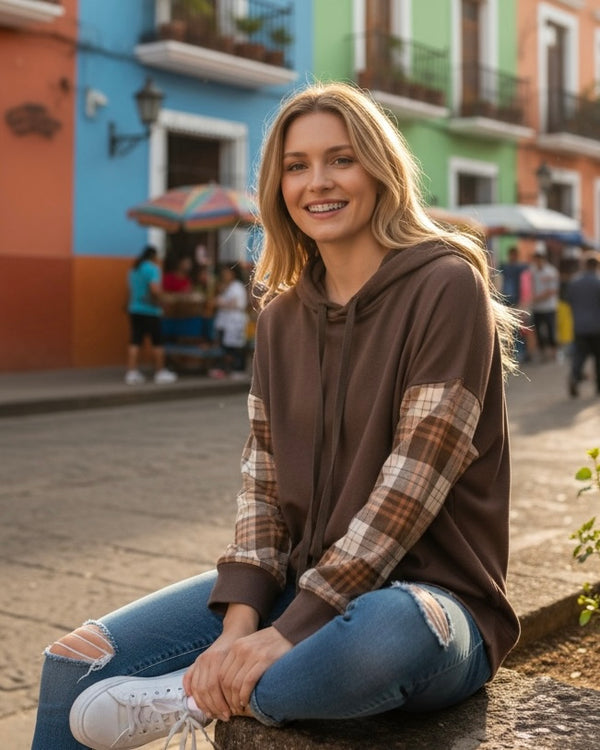 Solid Brown Contrast Plaid Long Sleeve Pullover Hoodie