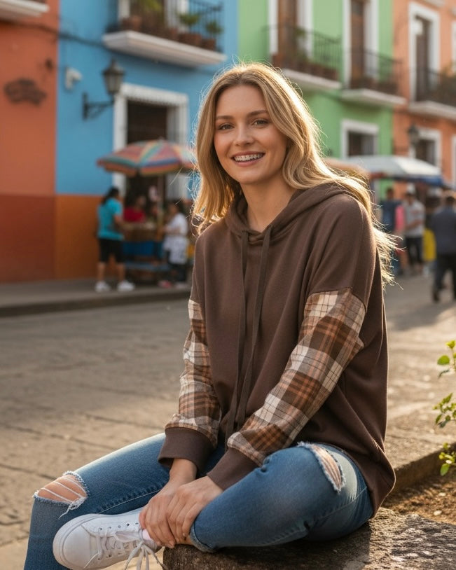 Solid Brown Contrast Plaid Long Sleeve Pullover Hoodie