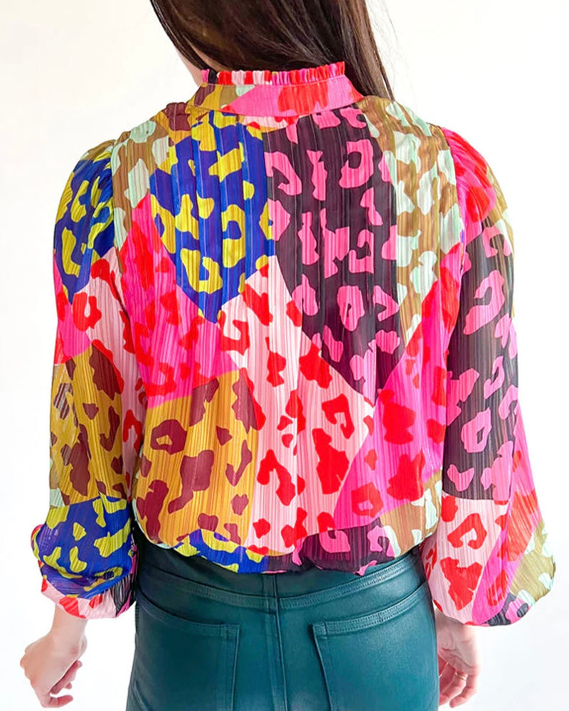 Multicolor Pink Blue Yellow Black Leopard Patchwork Gold Thread Pleated Blouse