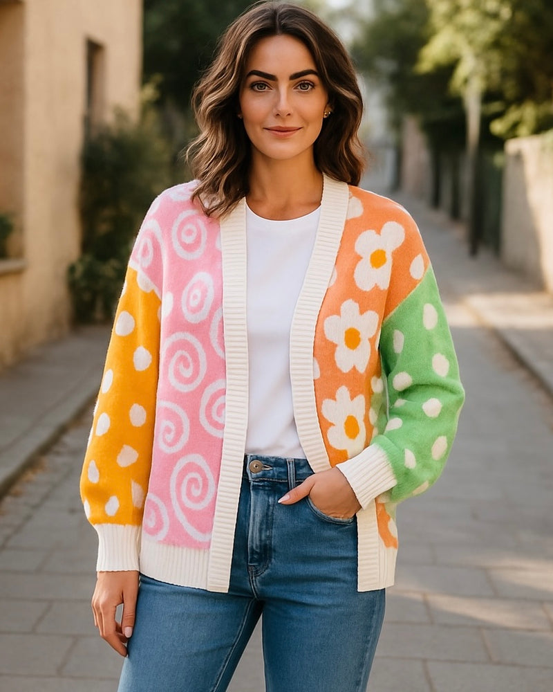 Whimsical Multi Color Block Long Sleeve Sweater Knit Floral Dot Open Front Cardigan