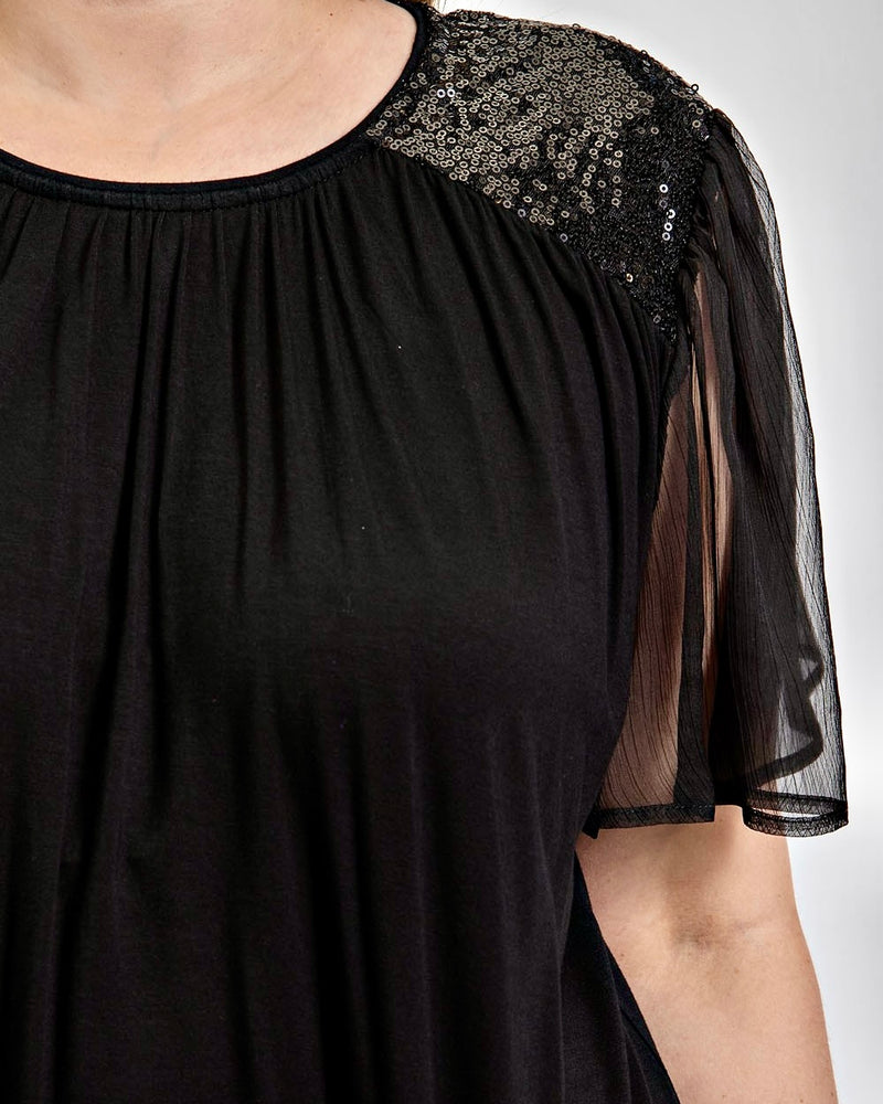 Black Sequin Contrast Shirring Detail Sheer Flutter Flare Short Sleeve Top