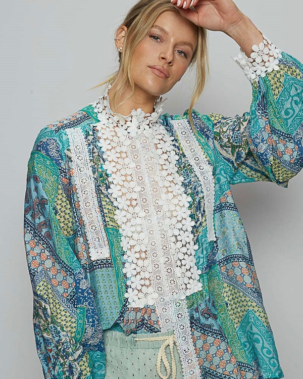 Boho Vibe Turquoise & Blue Tone Fabric w/White Lace Detail Button Neck Long Sleeve Blouse Top