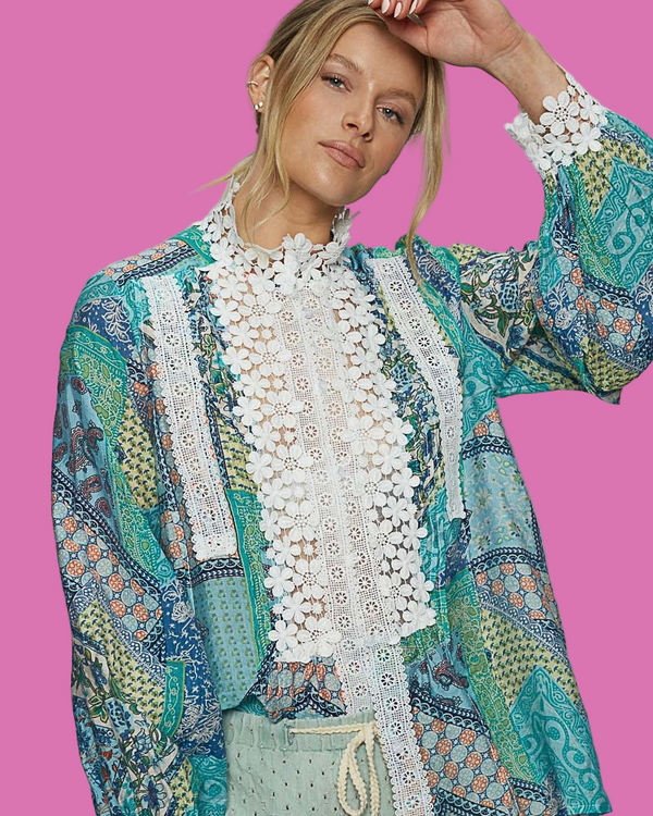 Oversized Boho Vibe Turquoise & Blue Tone Fabric w/White Lace Detail Button Neck Long Sleeve Blouse Top