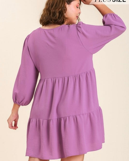 Plus Size Purple VNeck Tiered 3/4 Sleeve Dress