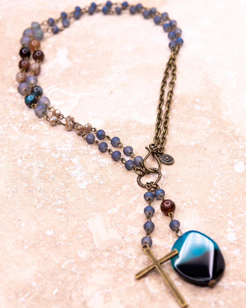 Double Strand Blue and Neutral Tone Long Beaded Cross Pendant Necklace