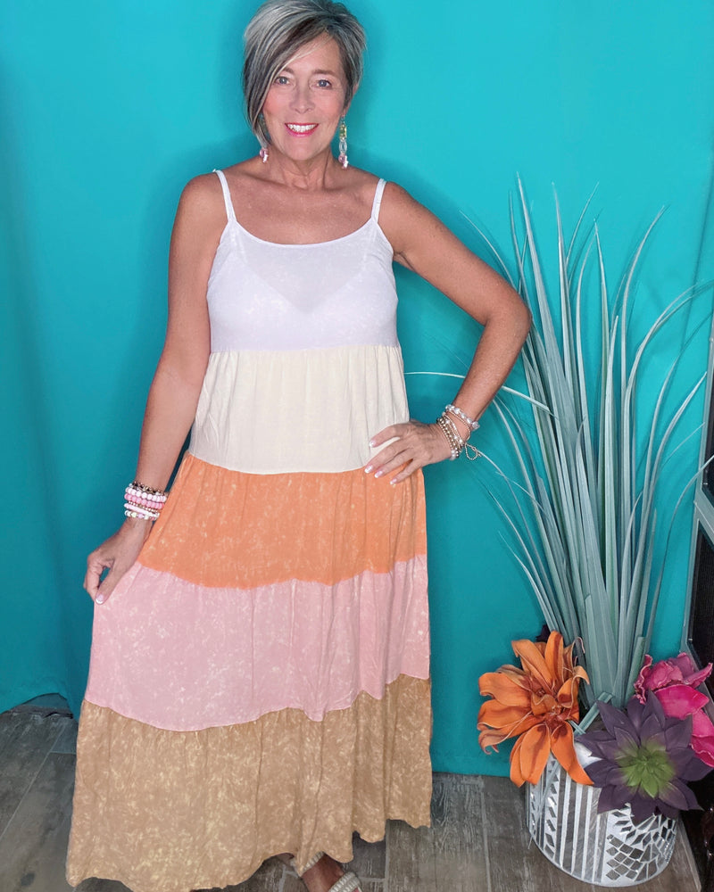 Multicolor Washed Lavender, Orange & Rose Tiered Block Cami Midi Spaghetti Strap Sundress