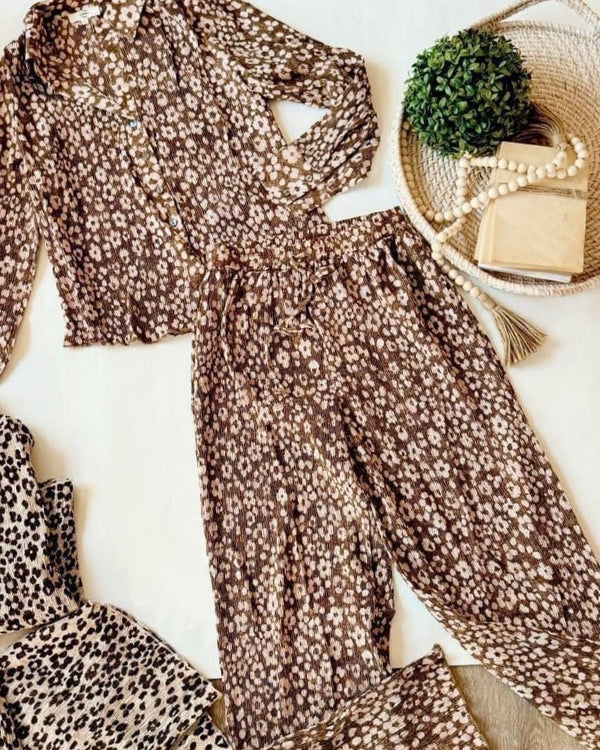 2 pc Brown Leopard Floral Crinkle Textured Print High Waist Wide Leg Pant & Button Down Blouse Set