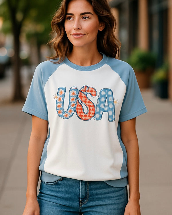 White & Blue USA Plaid Graphic Design Boxy T-Shirt Top
