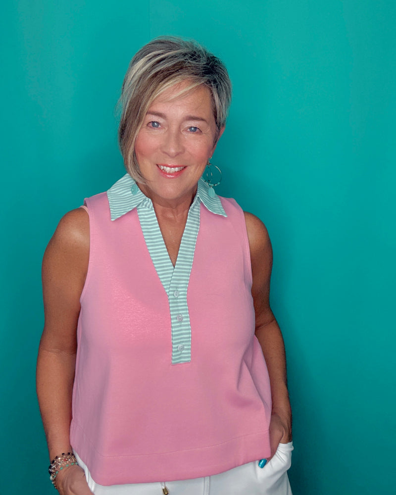 Solid Pink w/Mint Stripe Open Neck Collar Sleeveless Top