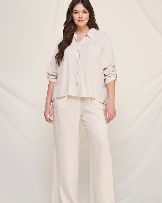 Natural Cream Plus Size Elastic Waist Wide Leg Linen Pant