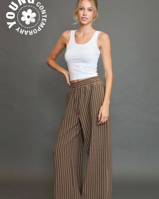 Brown Pull On Striped Elastic Waist Wide Straight Leg Pant