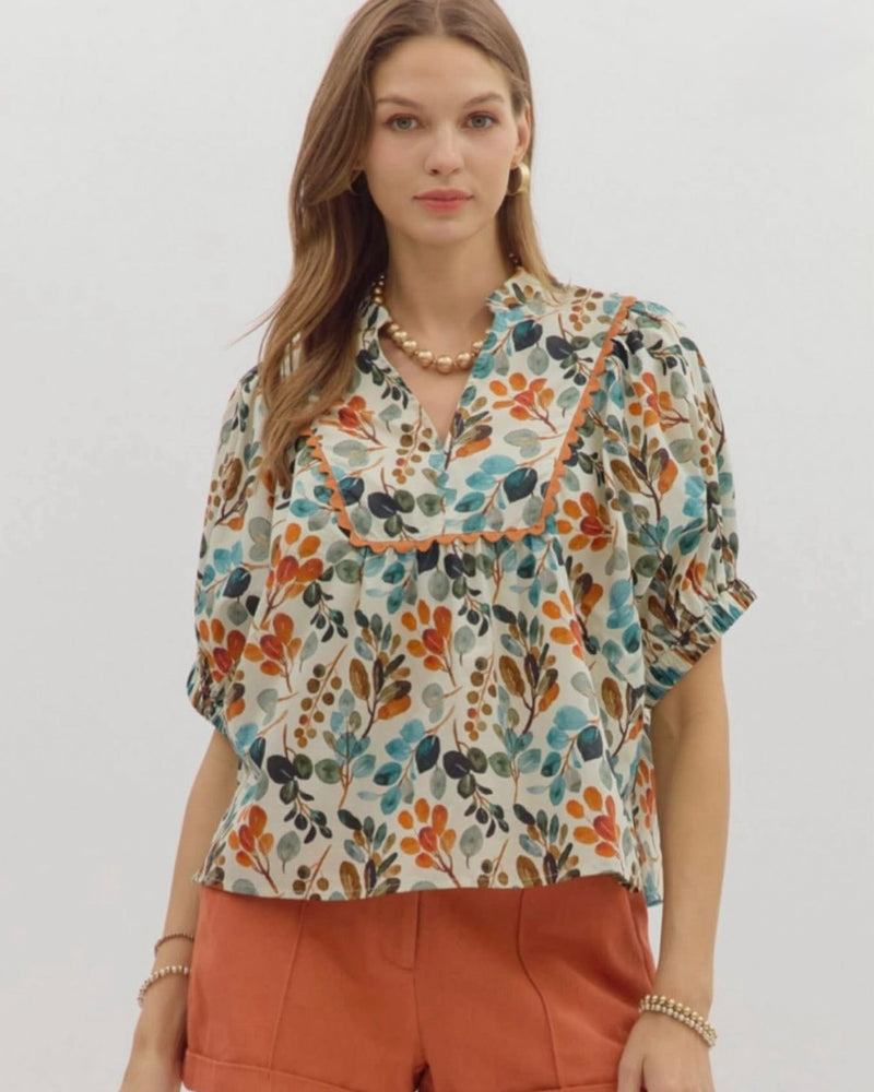Fall Abstract Leaf Print Open VNeck Ric Rac Short Bubble Sleeve Top