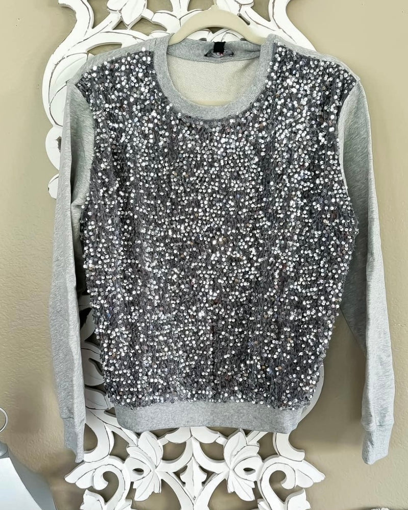 Gray Sweatshirt with Sequin Front Holiday Top