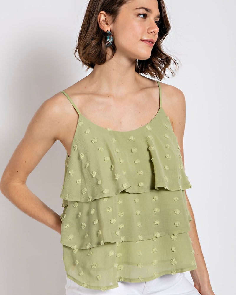 Sage Green Swiss Dot Layered Ruffle Adjustable Spaghetti Strap Tank