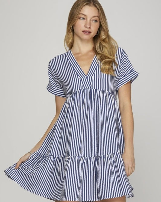 Blue & White Vertical Stripe Short Sleeve VNeck Ruffle Hem Dress