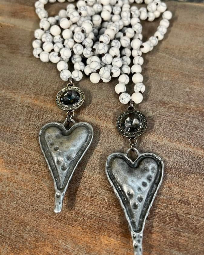 Long Brown & Black, White & Black Tone or Blue & Neutral Tone Beaded Necklace with Double Drop Pendants with Rhinestones and Metal Heart