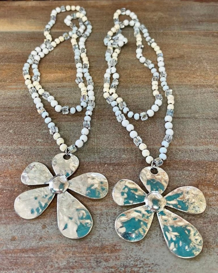 Long White & Clear Beaded Necklace with Large Hammered Silver Flower Pendant