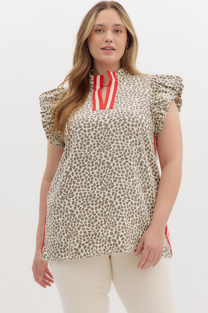 Brown Leopard Red Stripe Trim Open VNeck Short Sleeve