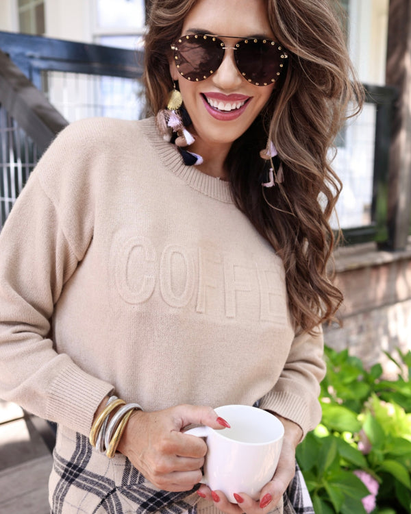 Brown Khaki "Coffee" Embossed Long Sleeve Sweater Top