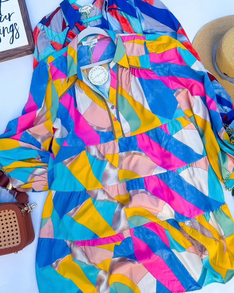 Plus Size Multicolor Blue, Yellow, Green & Pink Abstract Print Long Sleeve Tier Dress