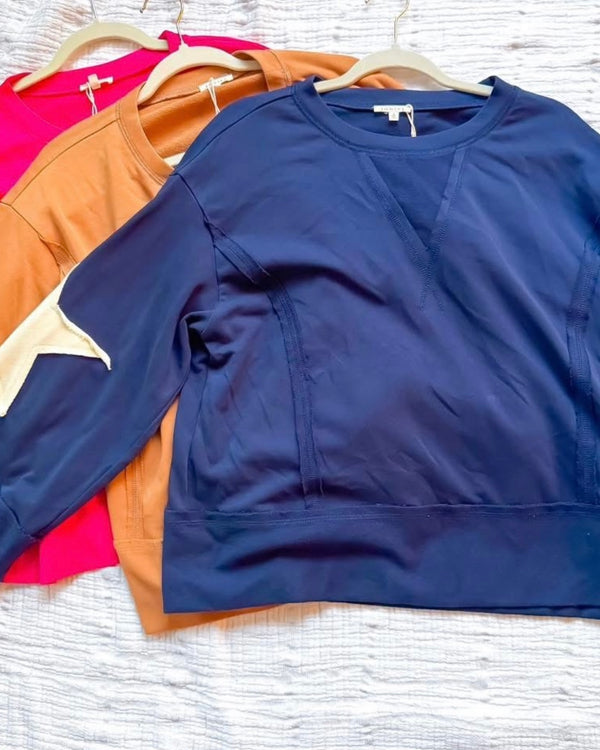 Pink, Brown or Navy Blue Star Patch Wide Bell Long Sleeve UNeck Pullover Top