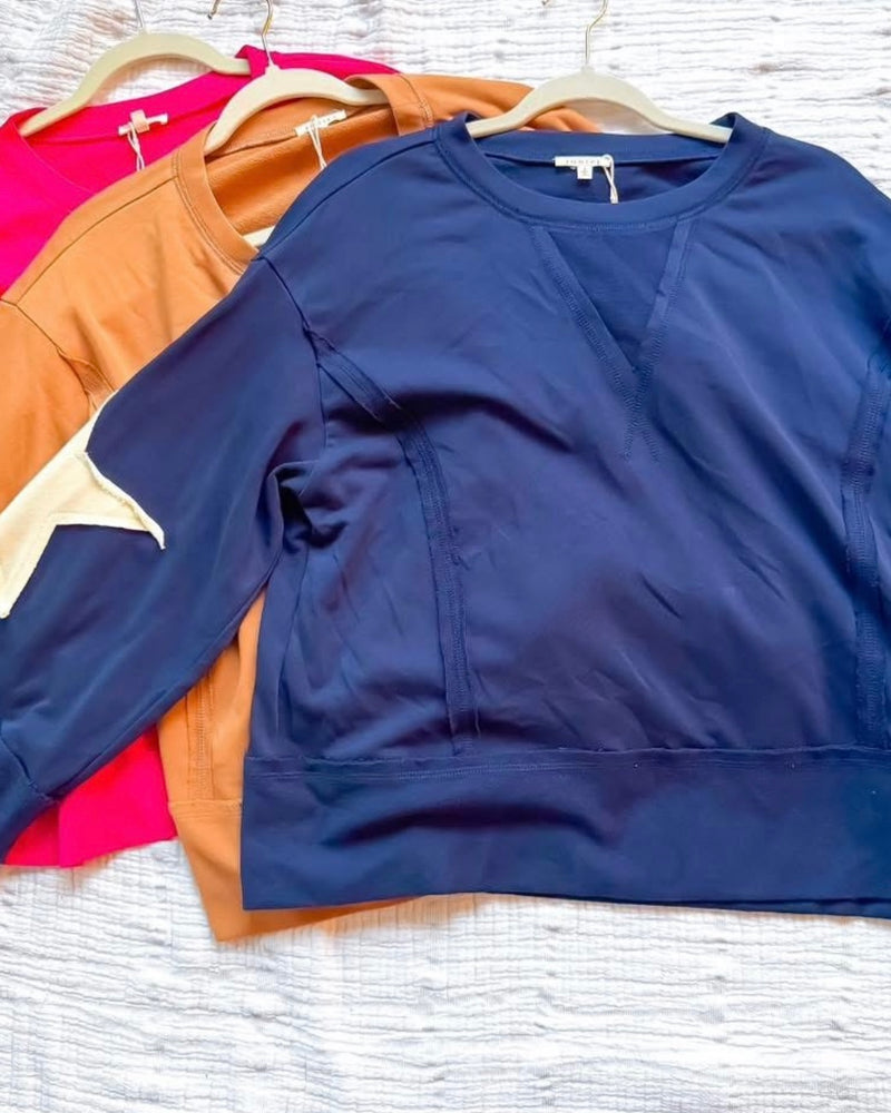 Pink, Brown or Navy Blue Star Patch Wide Bell Long Sleeve UNeck Pullover Top
