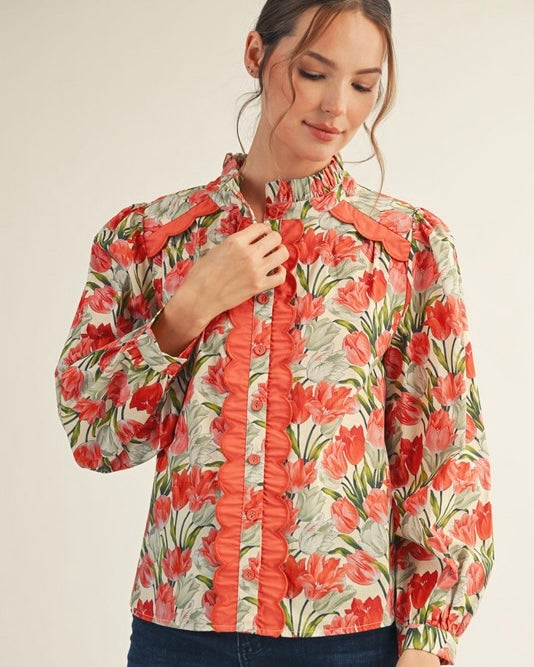 Rose Pink Floral Scallop Button Down Long Sleeve Blouse Top