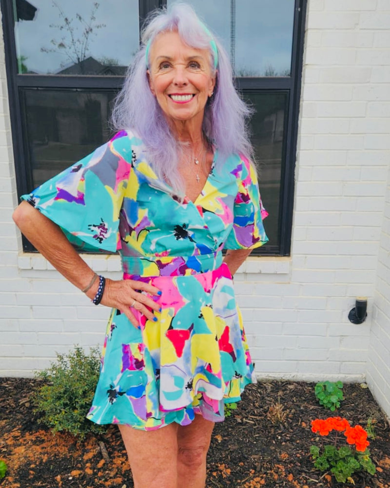 Multicolor Green Short Flare Sleeve Wrap Neck Romper
