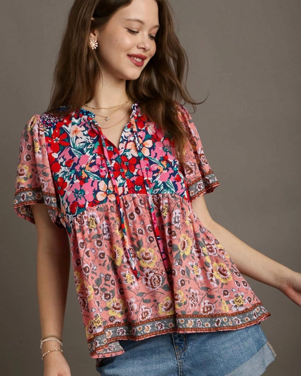 Plus Size Navy, Red & Pink Floral Mix Print Smocked Shoulder Short Sleeve Top